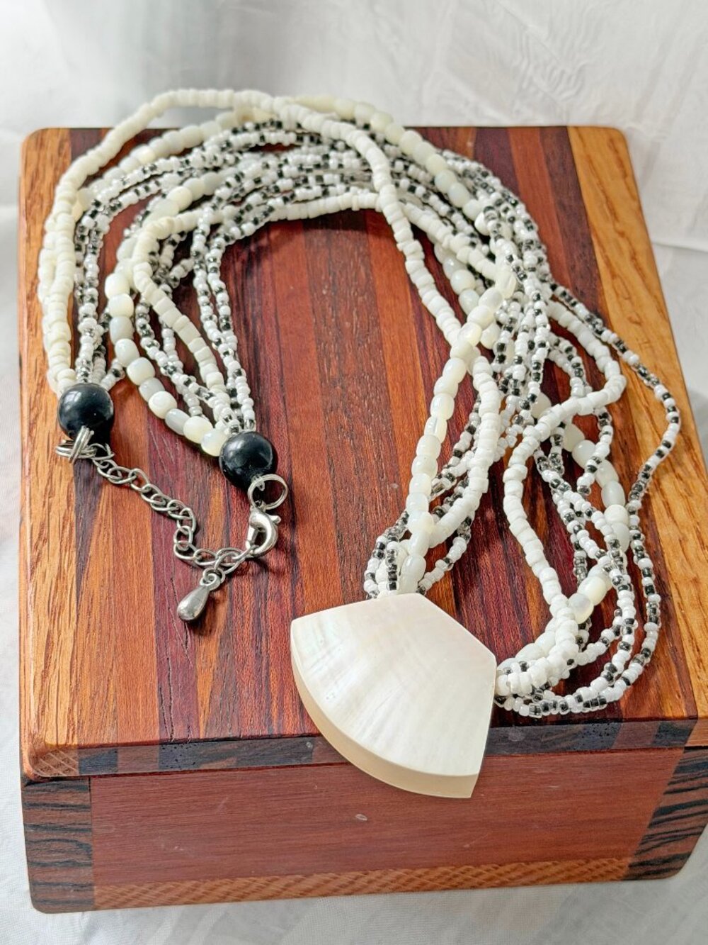 Multi-Strand Seed Bead & Carved Mother of Pearl Statement Necklace - Vtg